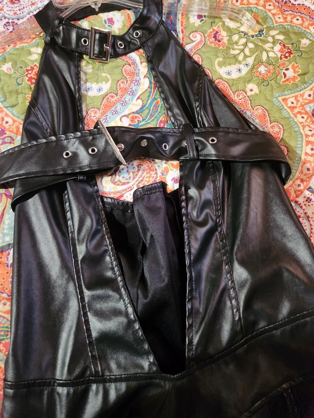 Nwot Black Faux Leather Mini Dress with Buckle Halter - Picture 9 of 9